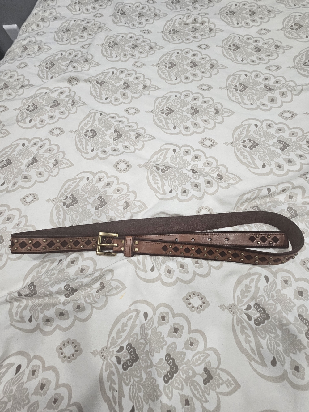 Calvin Klein Brown Leather Studded Belt with Brass Buckle